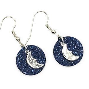 Dark Blue Glitter with Silver Moon Charms - Dangle Earrings - Handmade